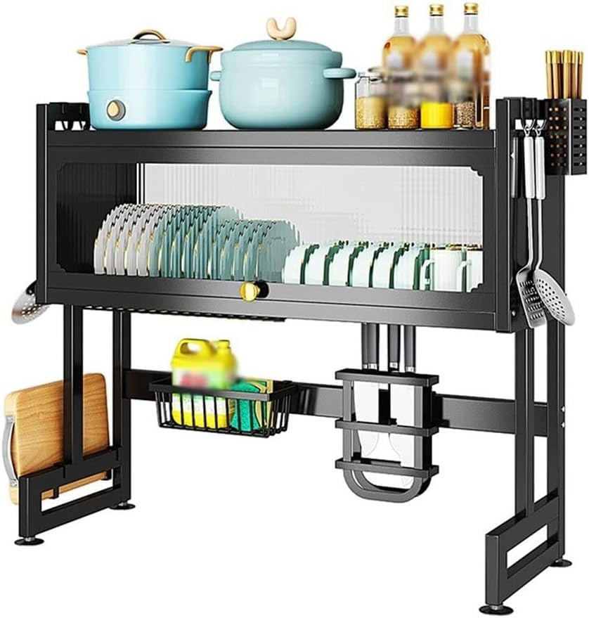 Stainless steel dish rack with cabinet door