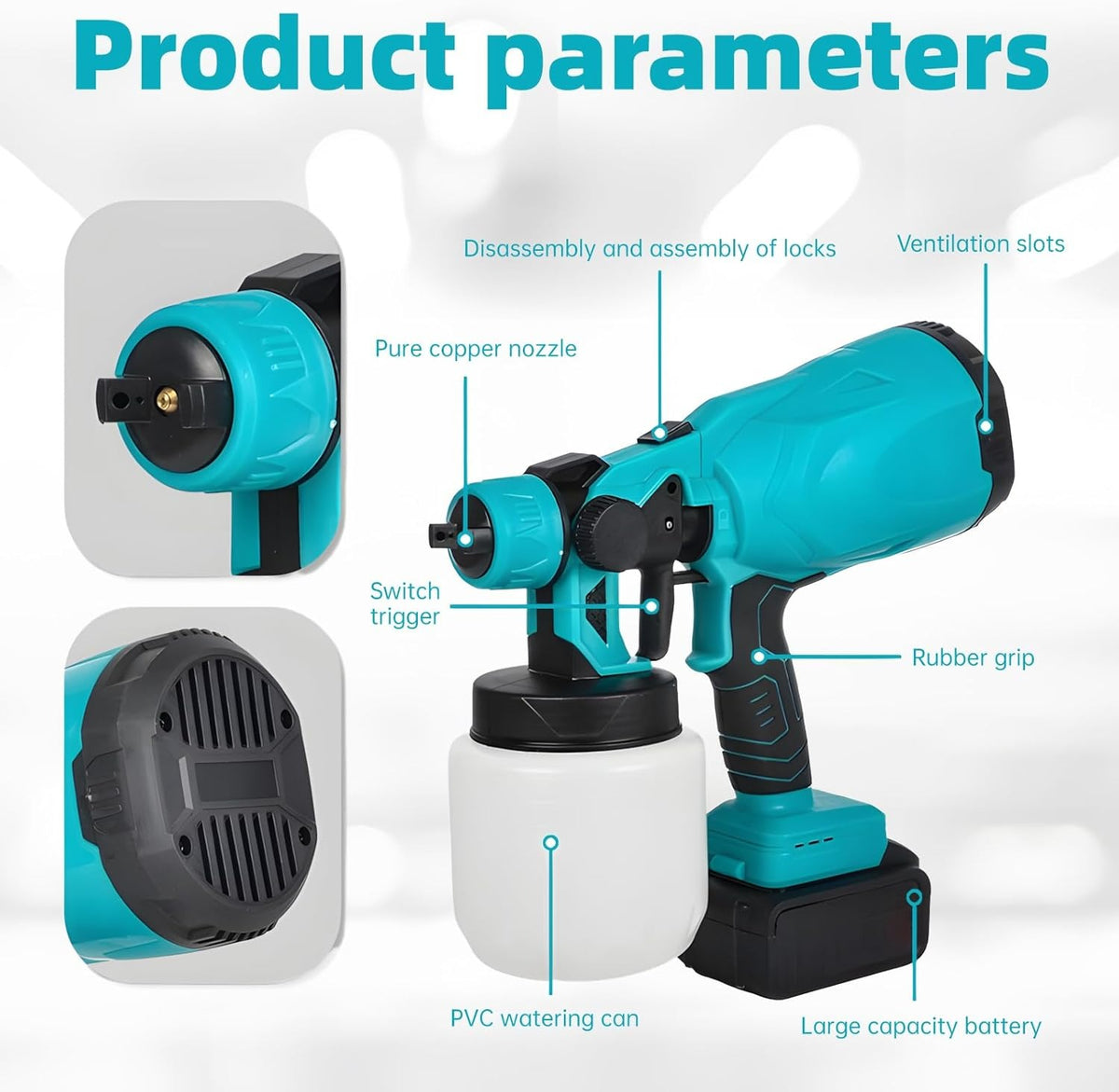 Paint sprayer nozzles and battery