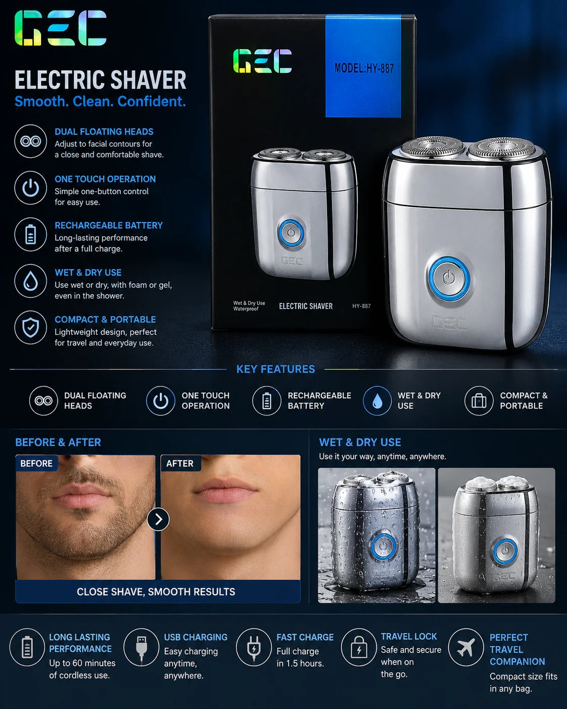 GEC HY-887 Portable Electric Shaver – Wet and Dry – image 3