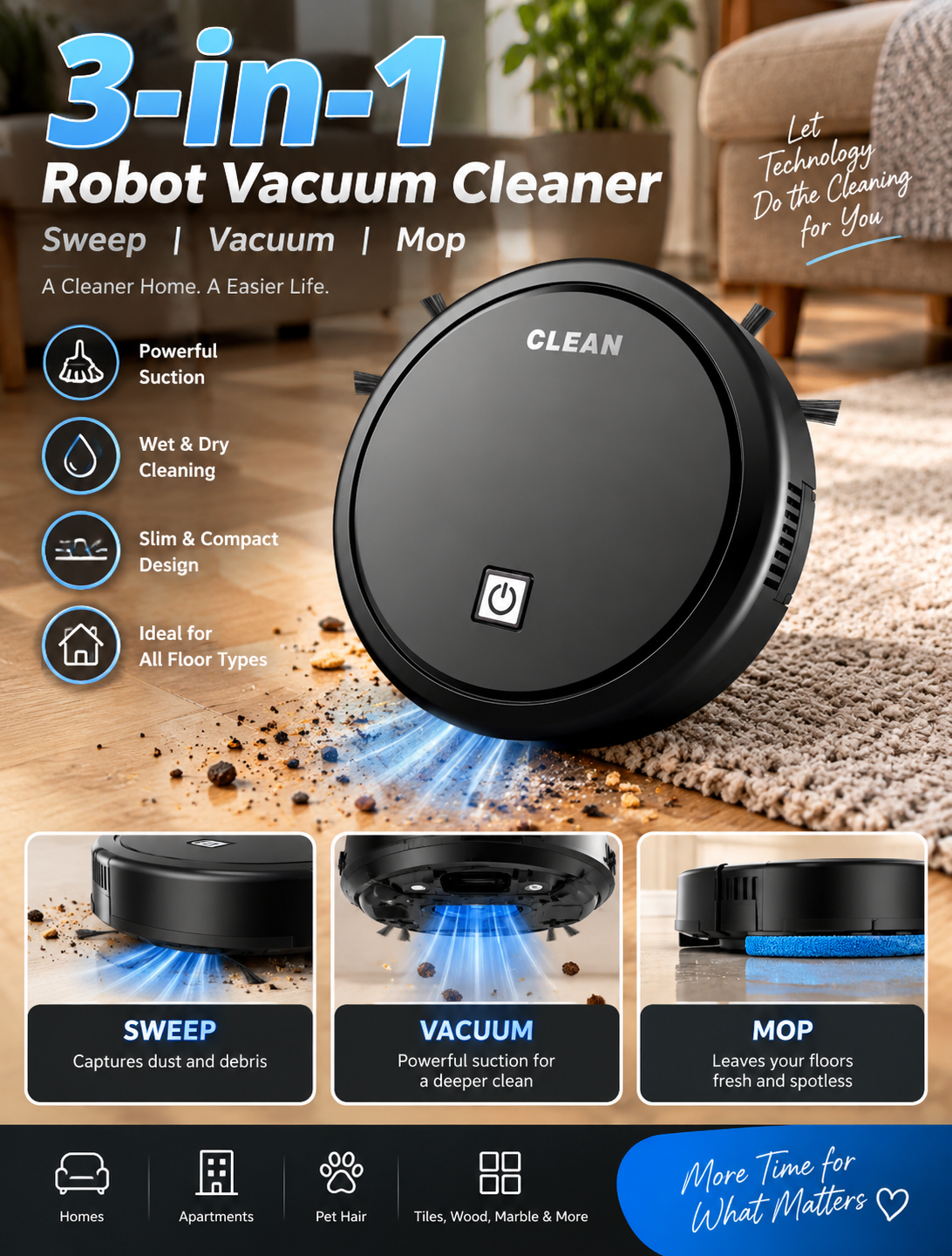 3-in-1 Robot Vacuum Cleaner with Mop