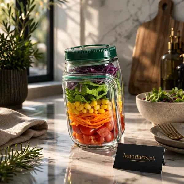 Portable Salad Container Jar with Dressing Cup